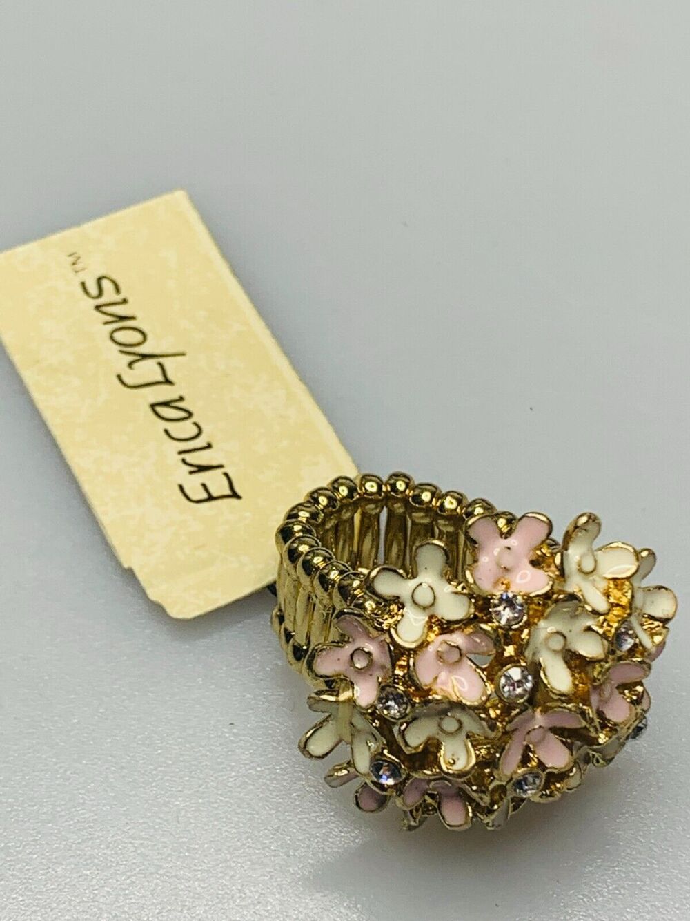 Erica Lyons Pink & White Flower Stretch Ring, Gold Tone with Rhinestones